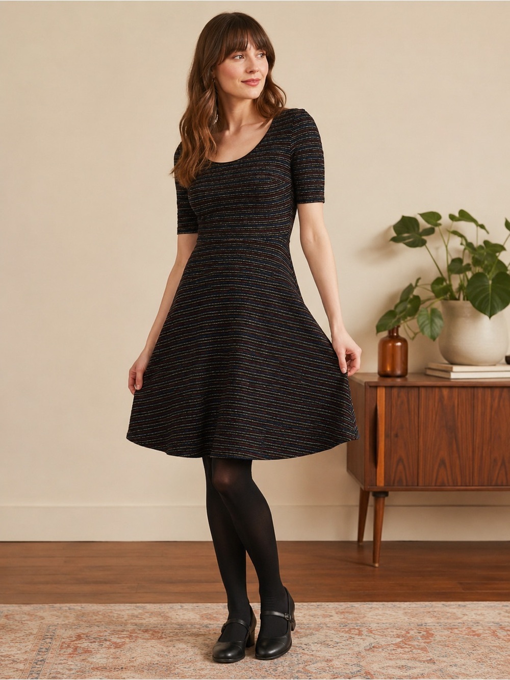 ModCloth Small Black Rainbow Glitter Stripe Fit & Flare Knit Dress Retro A-Line